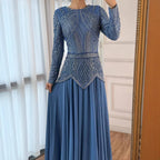 Green Modest Elegant Beaded Evening Dress with Long Sleeves LA72962