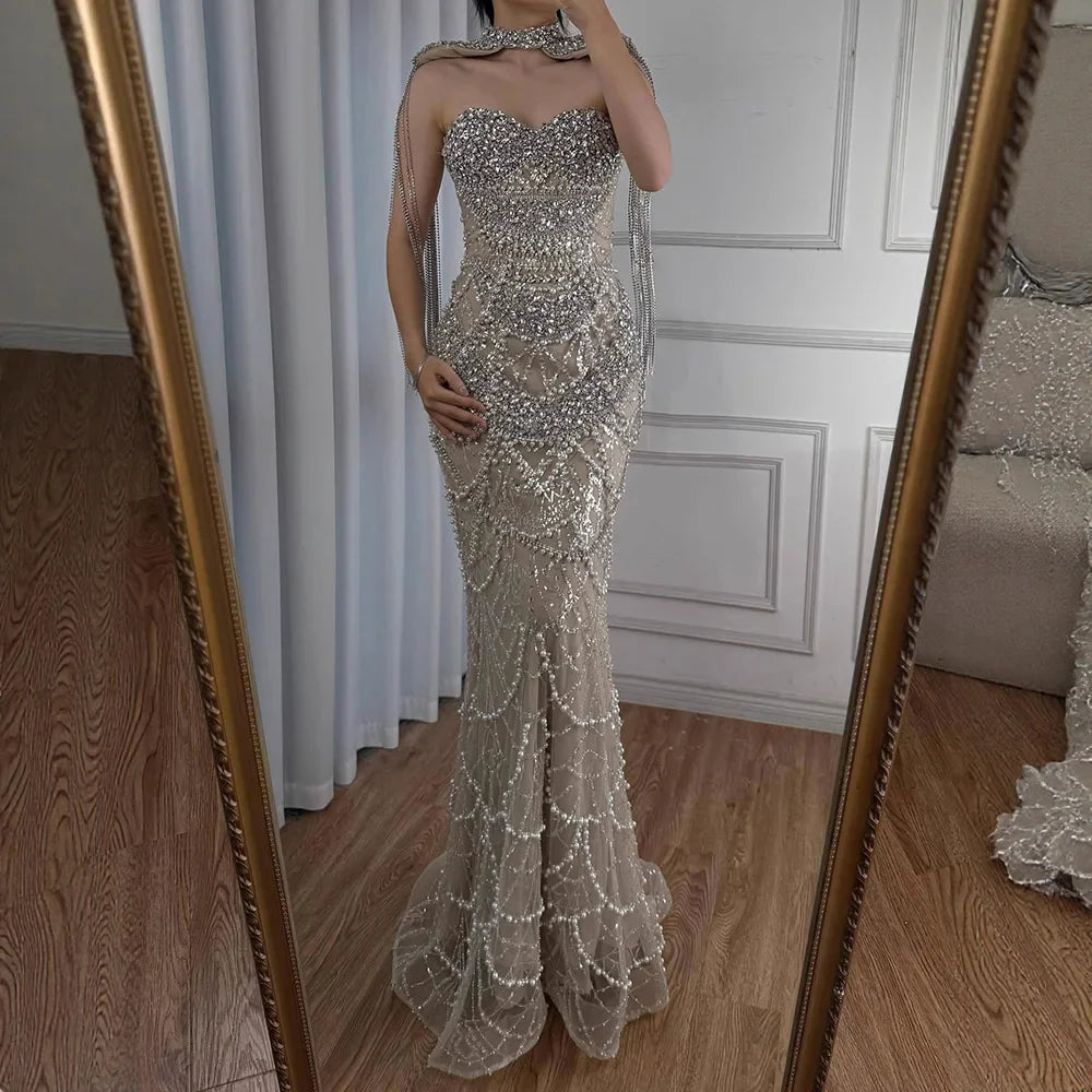 Nude Luxury Beaded Evening Dress with Tassel Short Cape LA72876