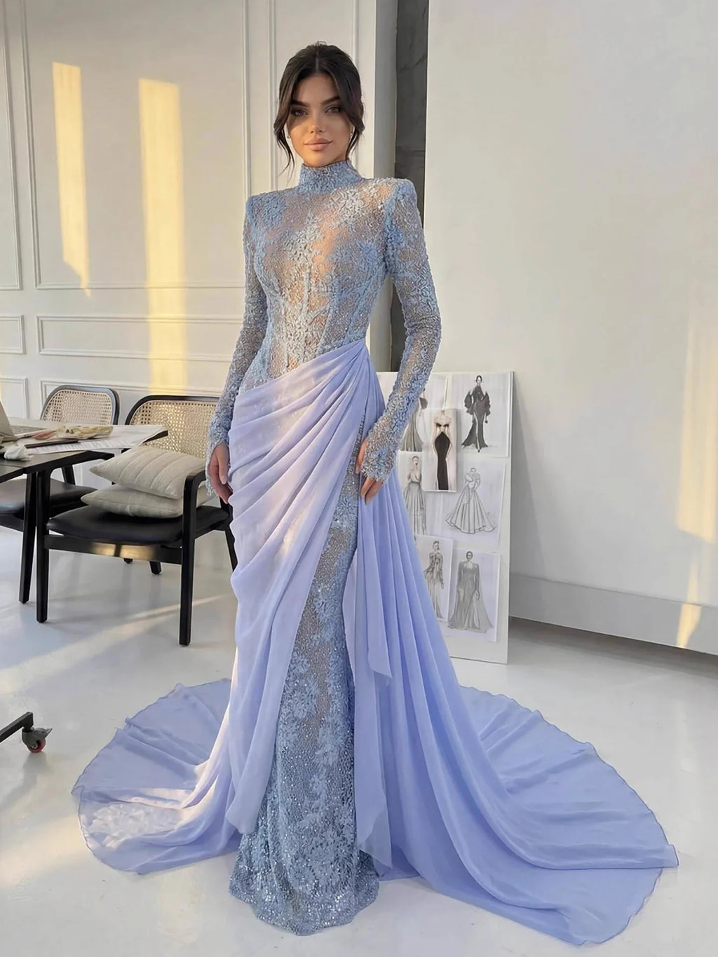 Luxury Lilac High Neck Beaded Mermaid Evening Dress LA73407
