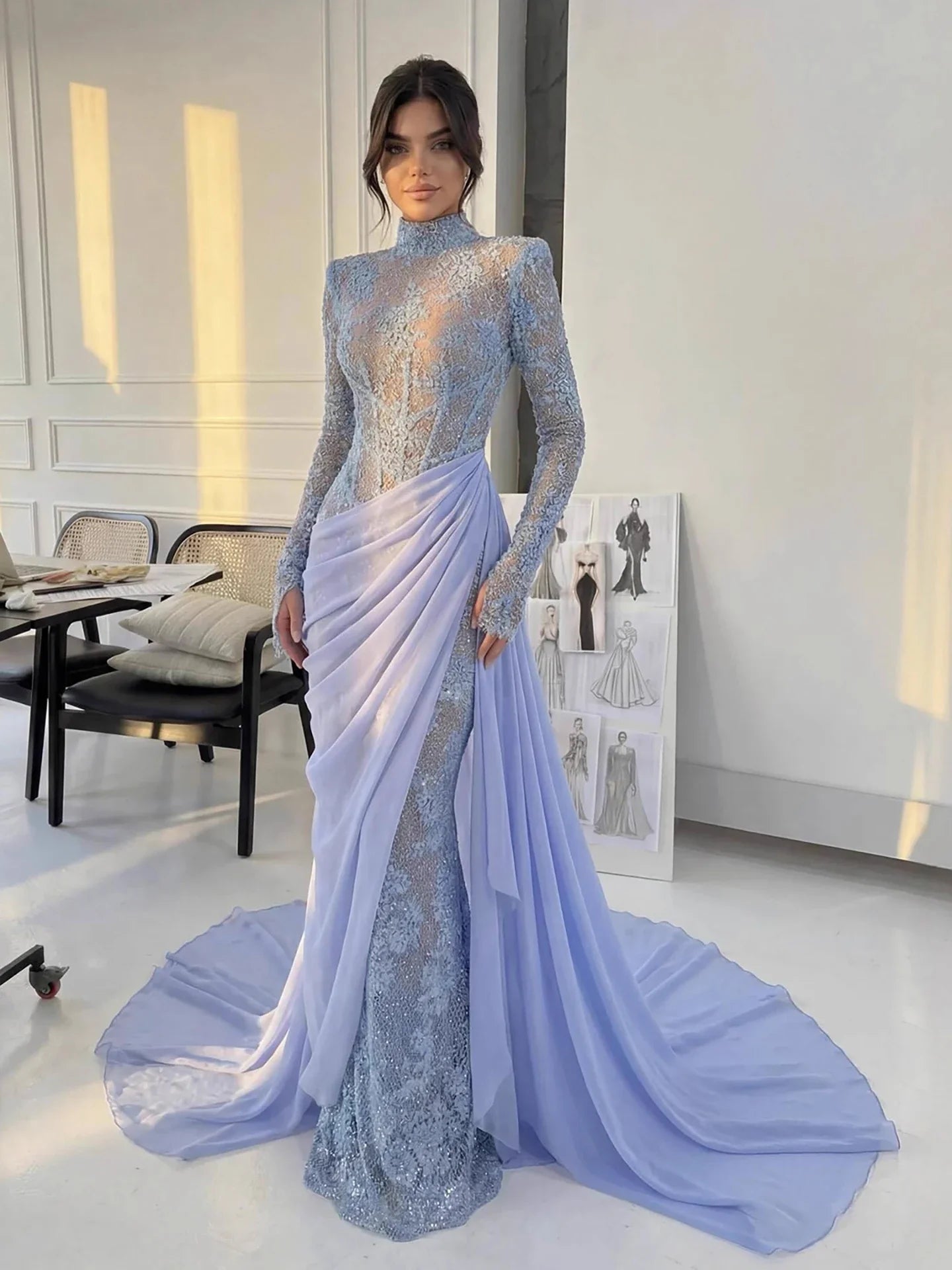 Luxury Lilac High Neck Beaded Mermaid Evening Dress LA73407