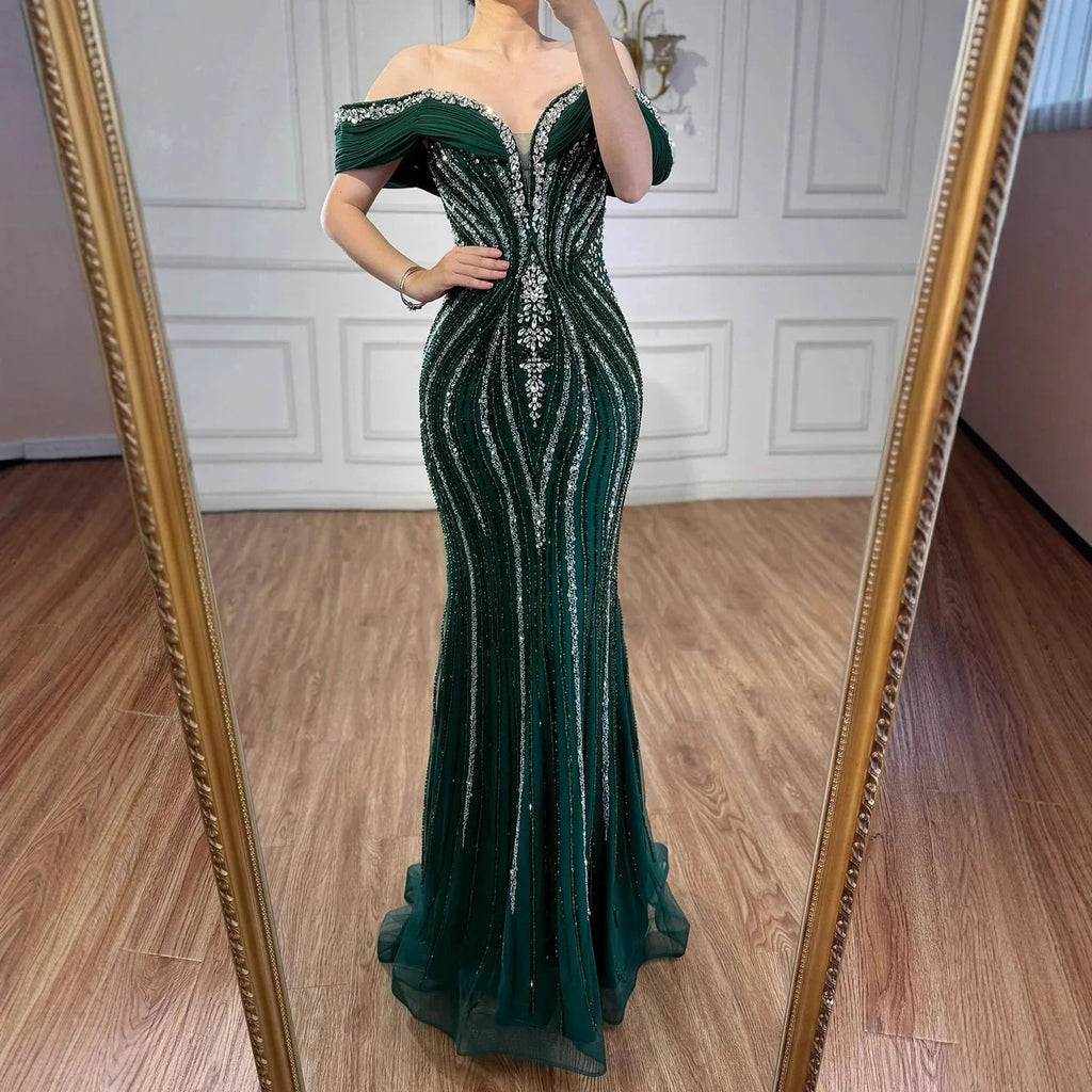 Luxury Green Gold Beaded Dubai Designer Mermaid Evening Dress LA73142 - SERENE HILL