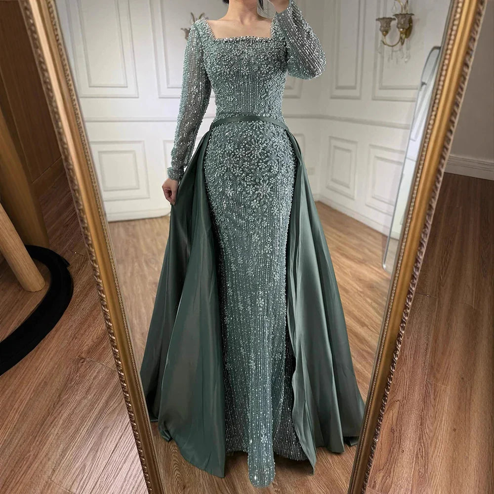 Luxury  Dubai Arabic Muslim Caramel Mermaid Beaded Evening Gown with Overskirt LA72533A