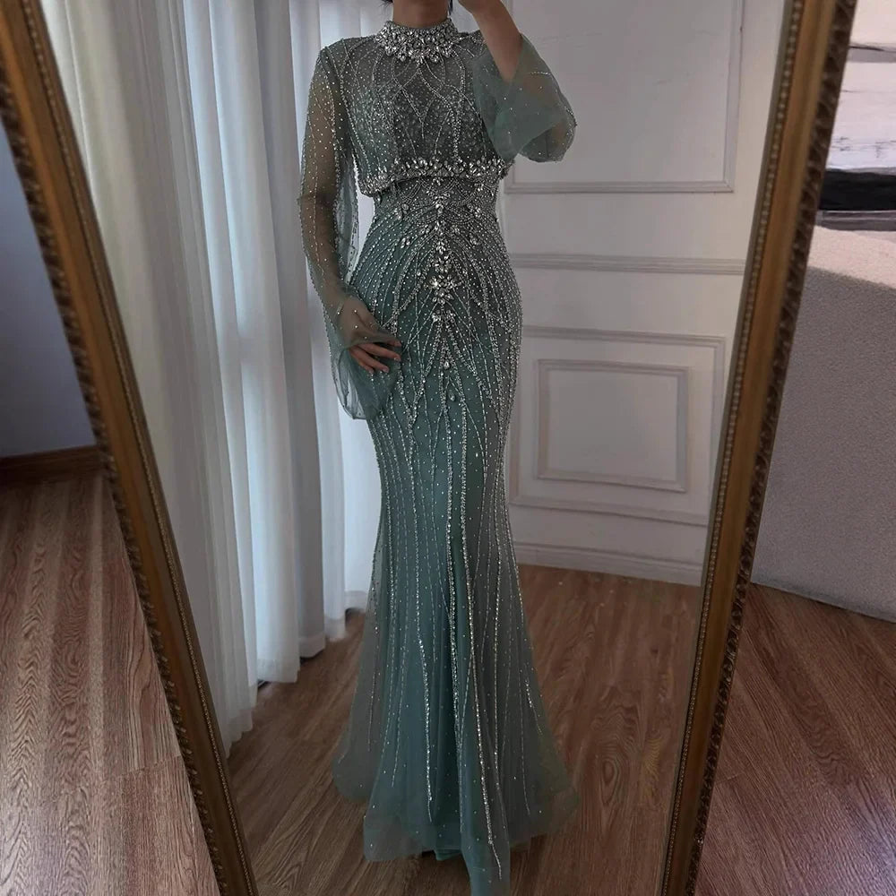 Luxury Turquoise Crystal Beaded Mermaid High Neck Long Sleeve Evening Dress LA73136