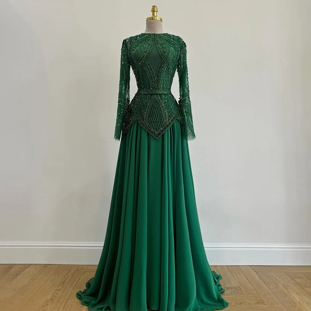 Green Modest Elegant Beaded Evening Dress with Long Sleeves LA72962