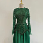 Green Modest Elegant Beaded Evening Dress with Long Sleeves LA72962