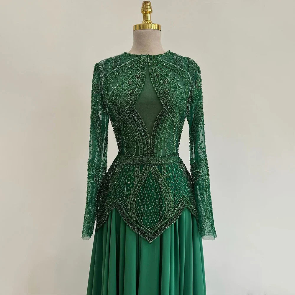 Green Modest Elegant Beaded Evening Dress with Long Sleeves LA72962