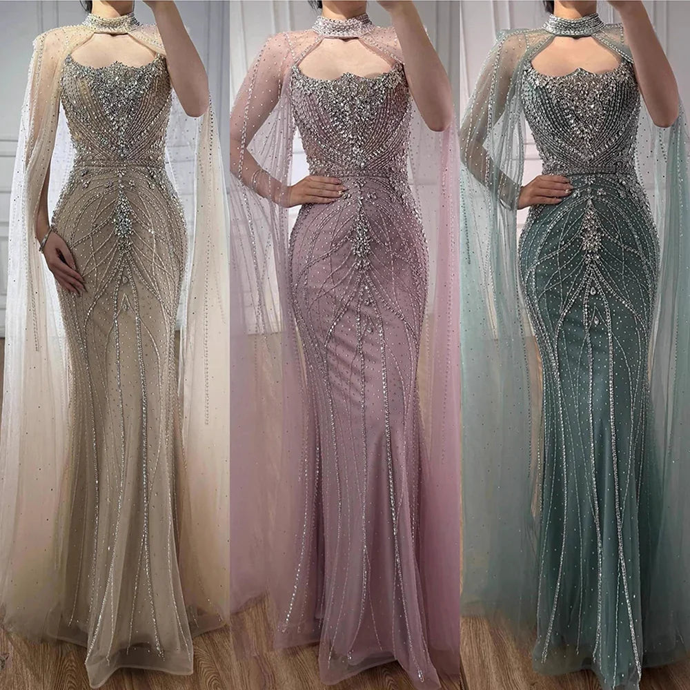 Luxury Dubai Nude Mermaid Evening Dress with Cape Sleeves LA73195 - SERENE HILL
