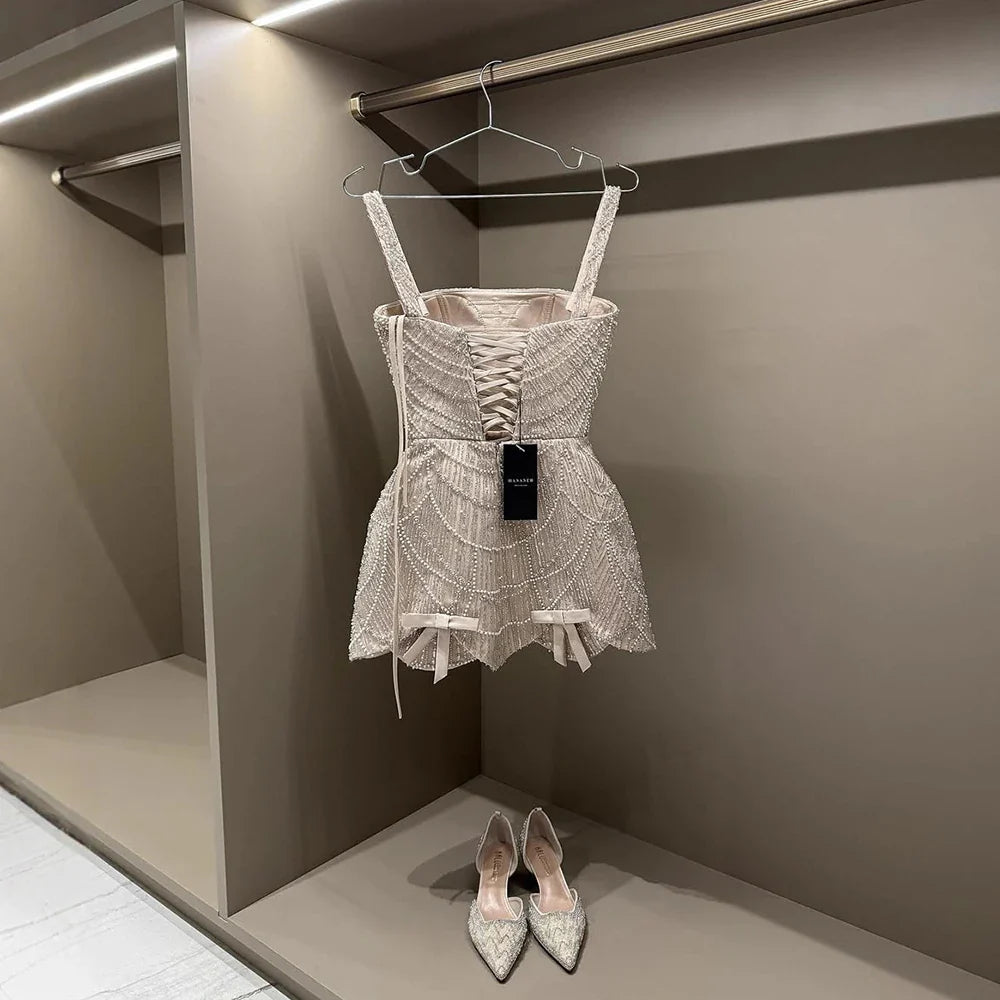 Luxury Nude Pearl Beaded A-Line Mini Evening Dress LA73211 - SERENE HILL