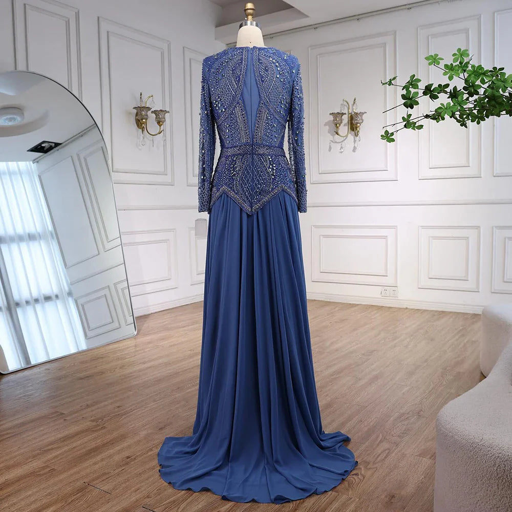 Green Modest Elegant Beaded Evening Dress with Long Sleeves LA72962