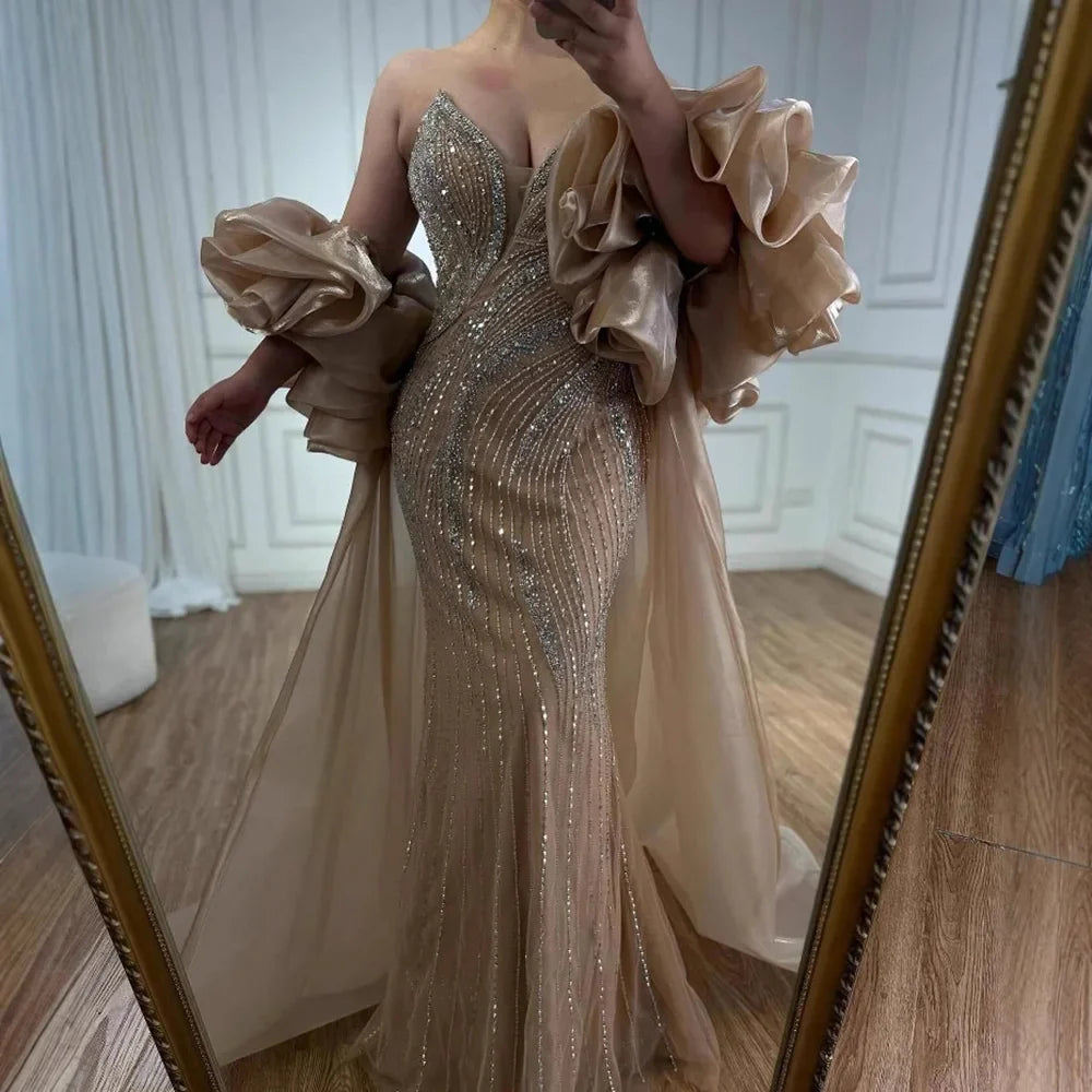 Red Trapless Mermaid Beaded Evening Dress with Cape LA72896