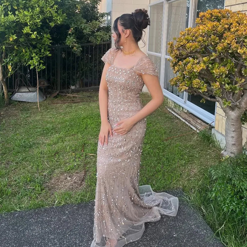 Luxury Dubai White Mermaid Beaded Evening Dress with  Cape Sleeves LA72714