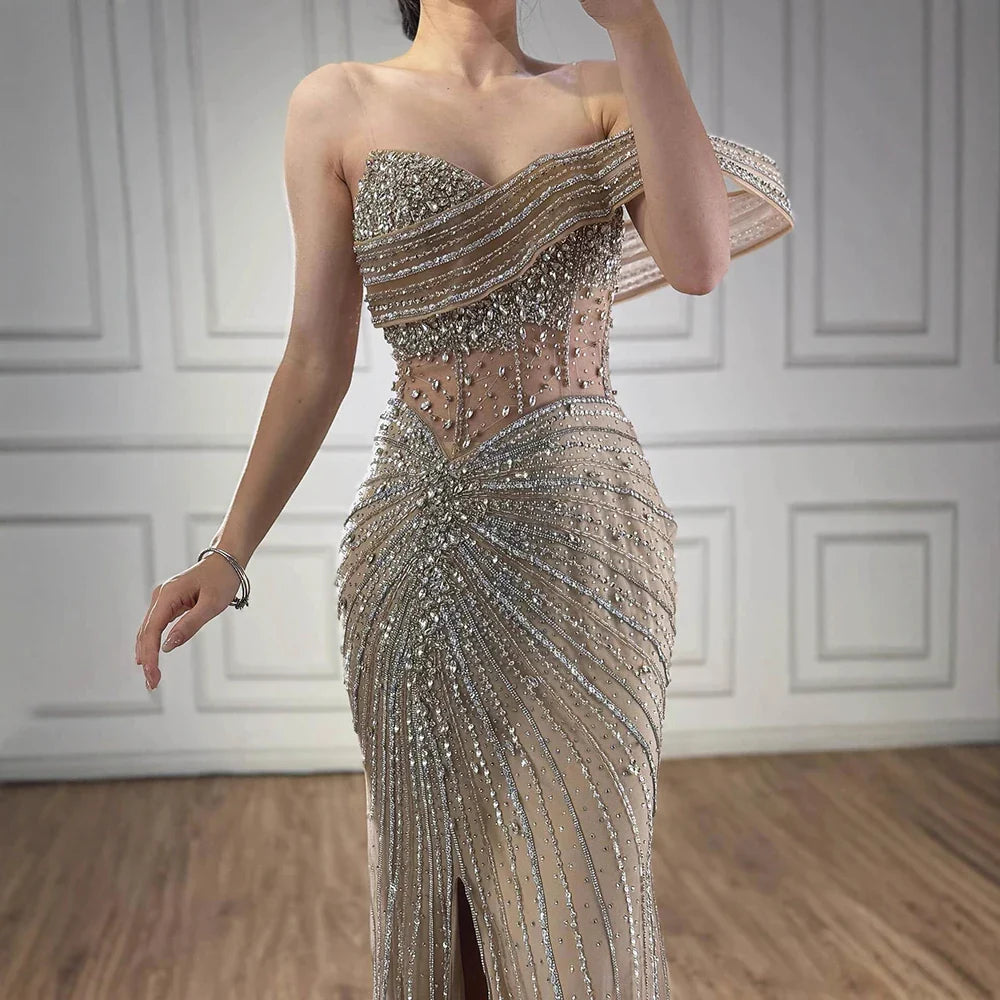 Luxury Pink Crystal One Shoulder Beaded Evening Dress Split LA73197 - SERENE HILL