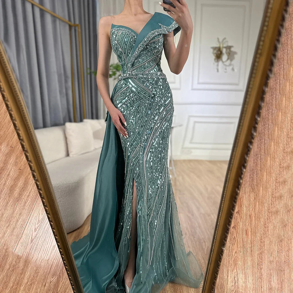 Classy Turquoise Luxury Beaded One-Shoulder Prom Dress LA72335