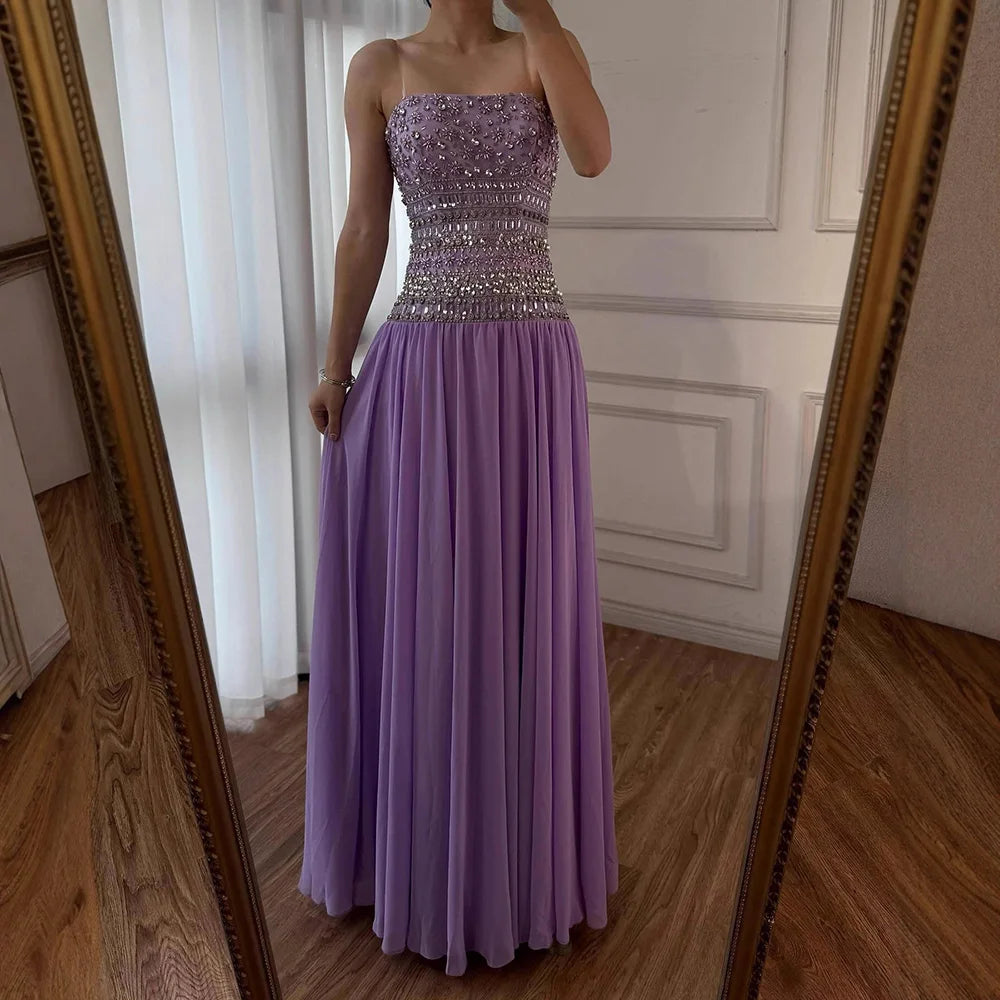 Lilac   Beaded A Line Arabic Evening Dress LA73044