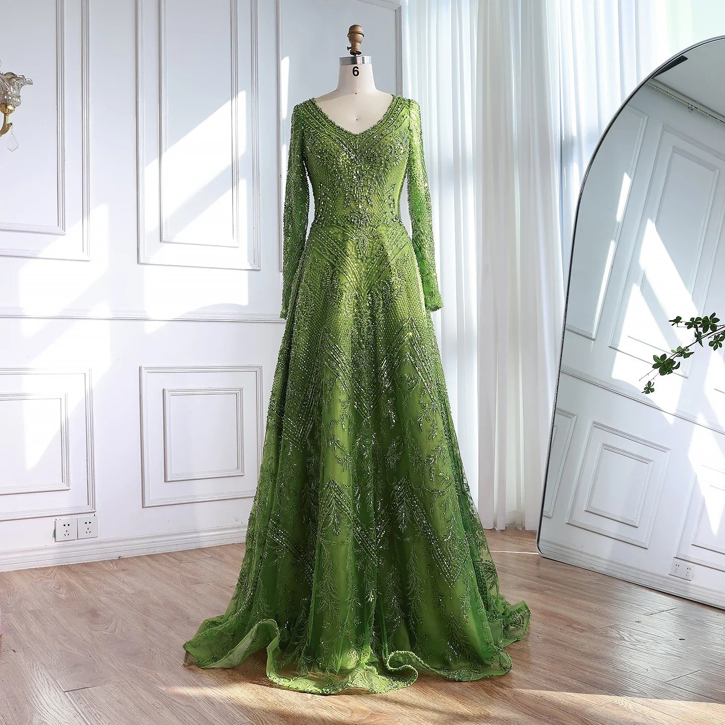 Luxury Lime Green Lace Beaded Long Sleeve Evening Dress LA73324 - SERENE HILL