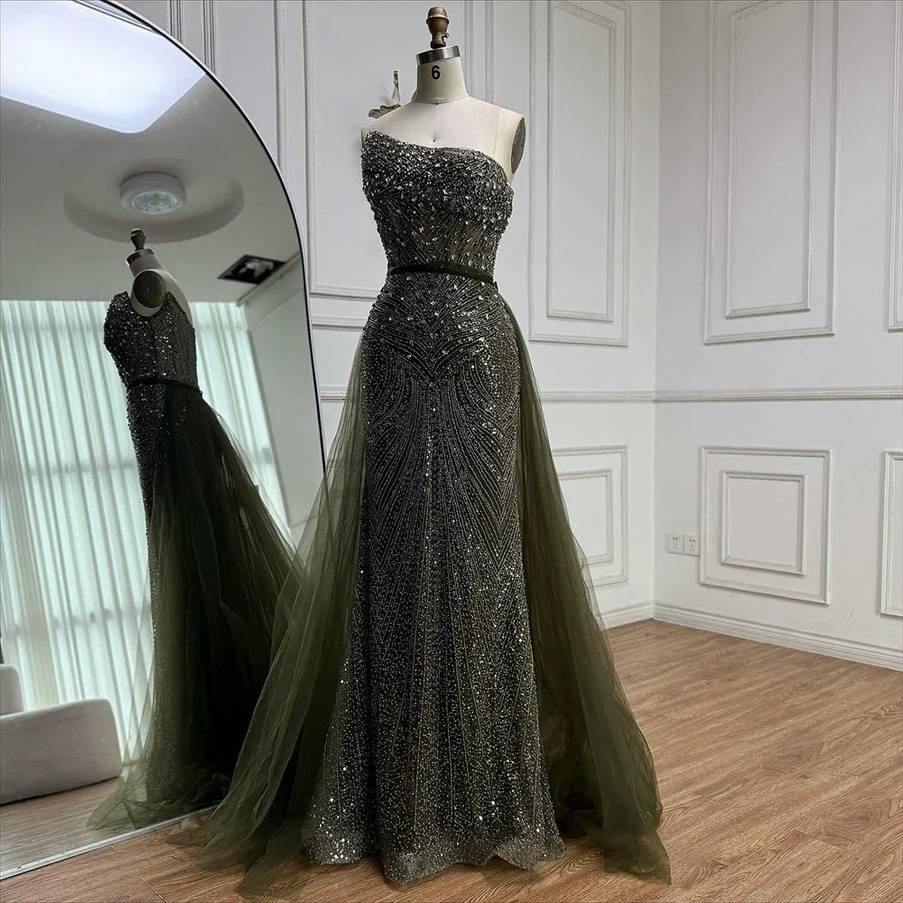 Luxury Olive Green Beaded Mermaid Evening Dress with Detachable Overskirt LA73164A