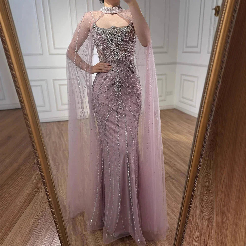 Luxury Dubai Nude Mermaid Evening Dress with Cape Sleeves LA73195 - SERENE HILL