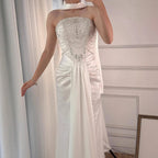 White Satin Beaded Evening Dress with Gloves LA73086