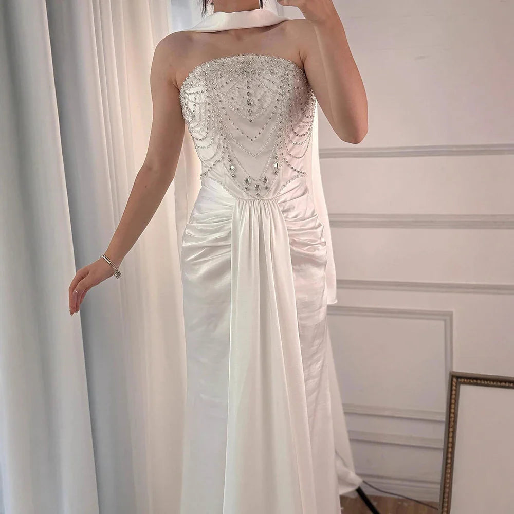 White Satin Beaded Evening Dress with Gloves LA73086