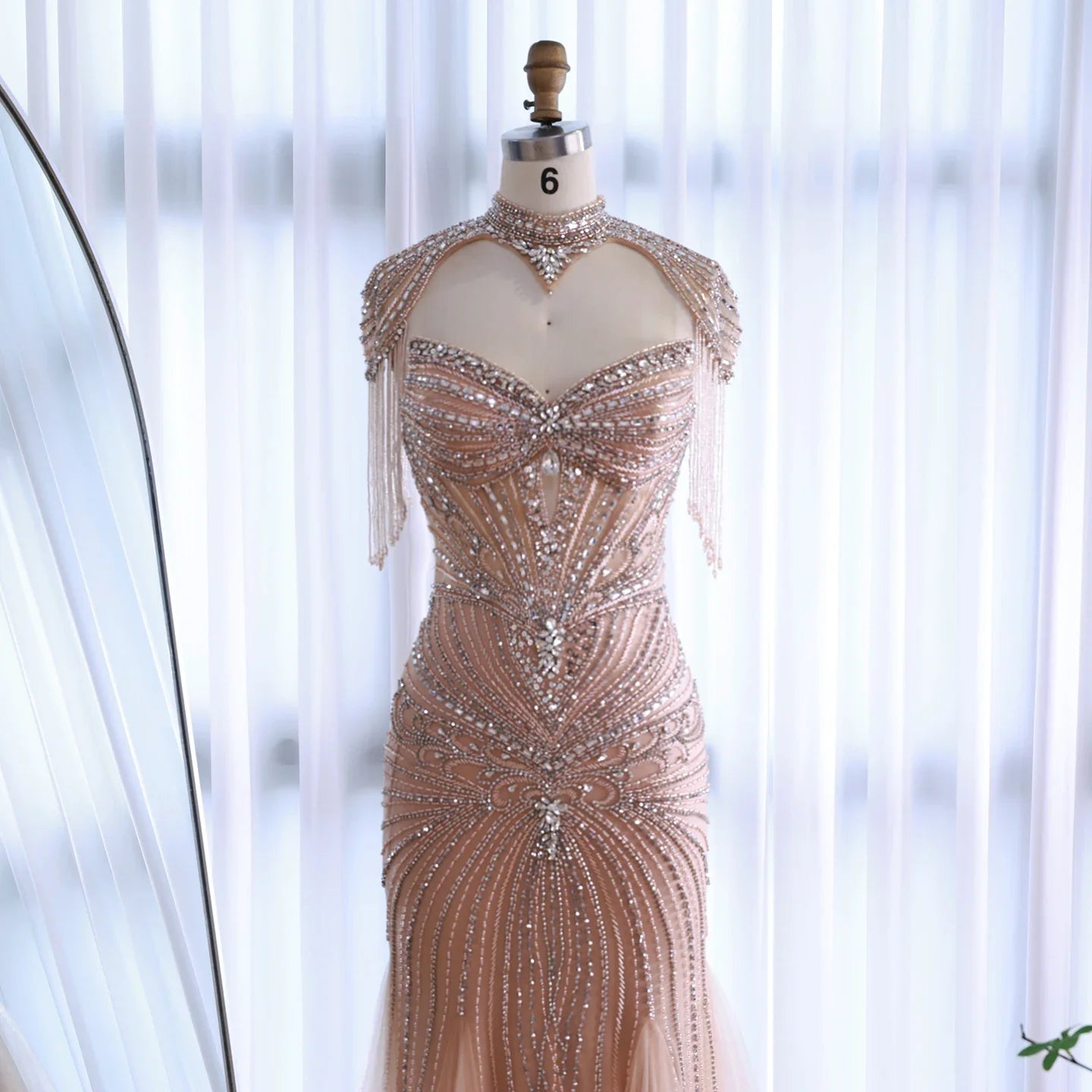 Luxury Dubai Beaded Blue Pink Evening Dress with Tassel Cape LA72897B - SERENE HILL