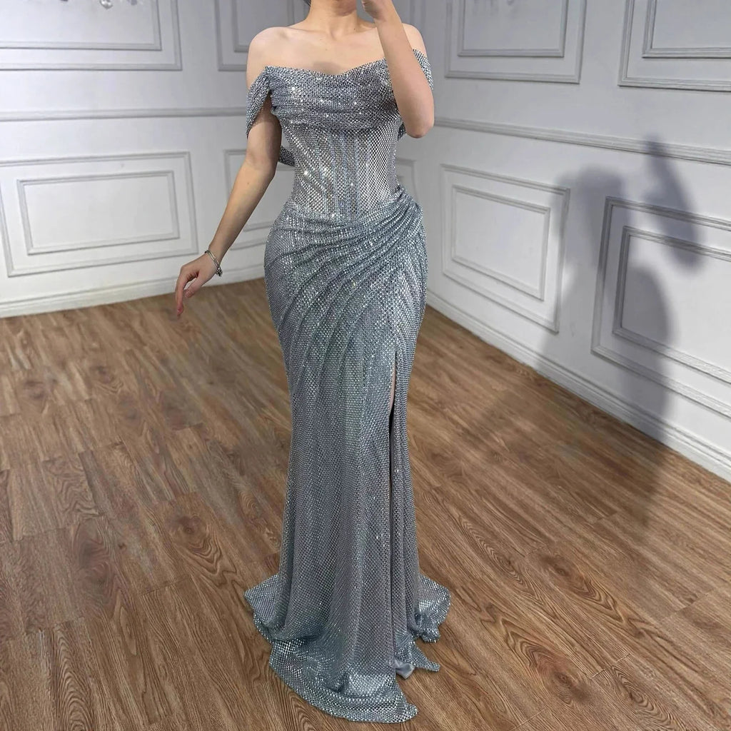 Luxury Silver Diamond Corset Off Shoulder Mermaid Evening Dress LA73410 - SERENE HILL