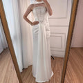 White Satin Beaded Evening Dress with Gloves LA73086