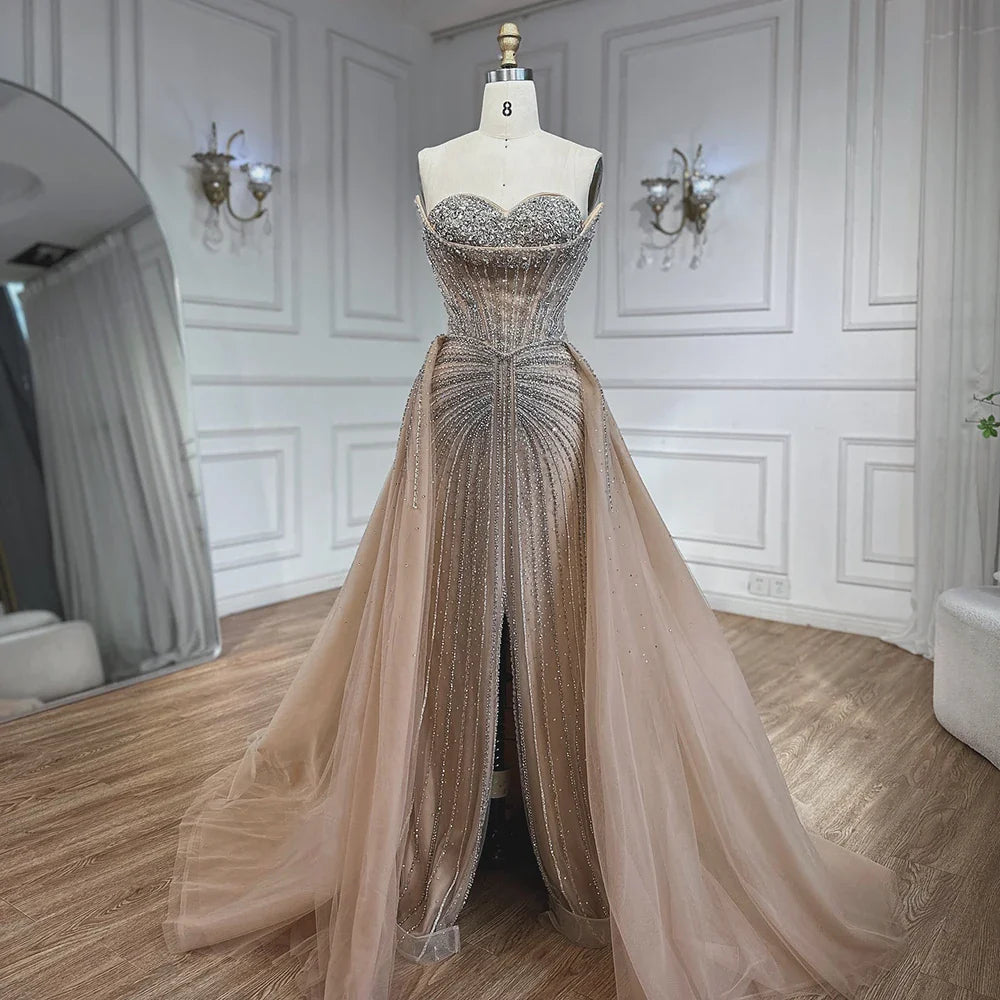 Luxury Dubai Nude Beaded Mermaid Evening Dress with Overskirt LA72811