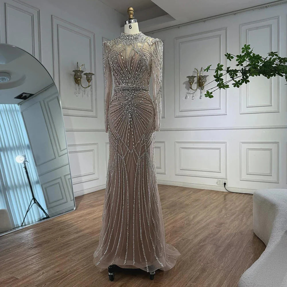 Modest Caramel High Collar Evening Dress for Wedding Guest LA73203 - SERENE HILL