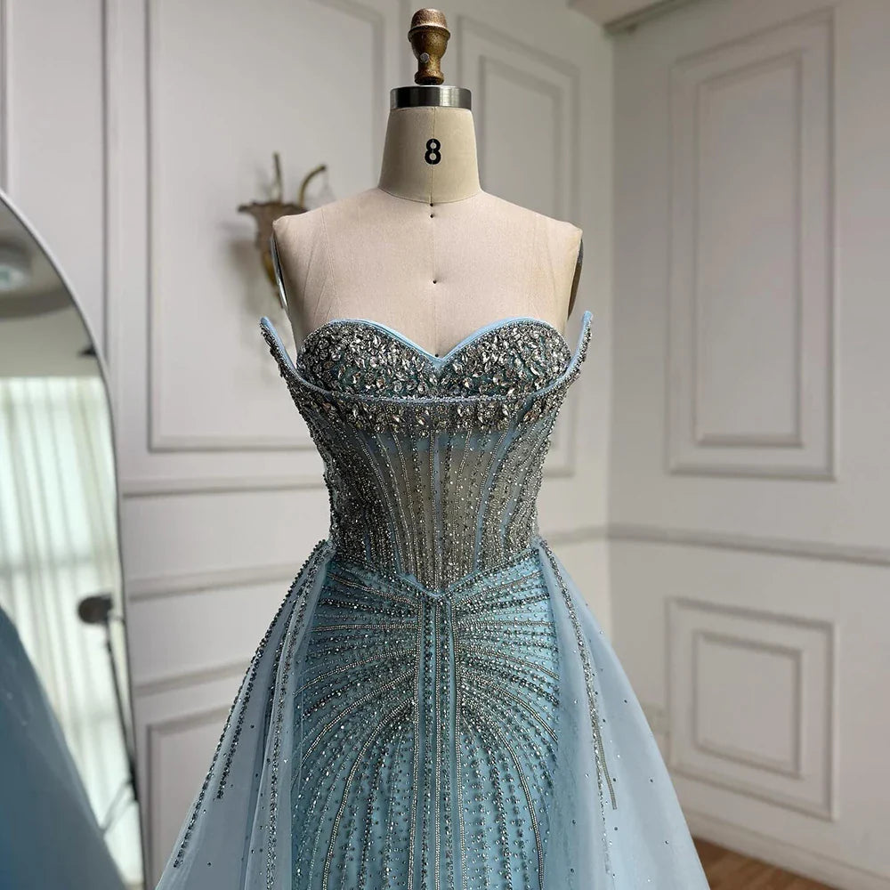 Luxury Dubai Nude Beaded Mermaid Evening Dress with Overskirt LA72811