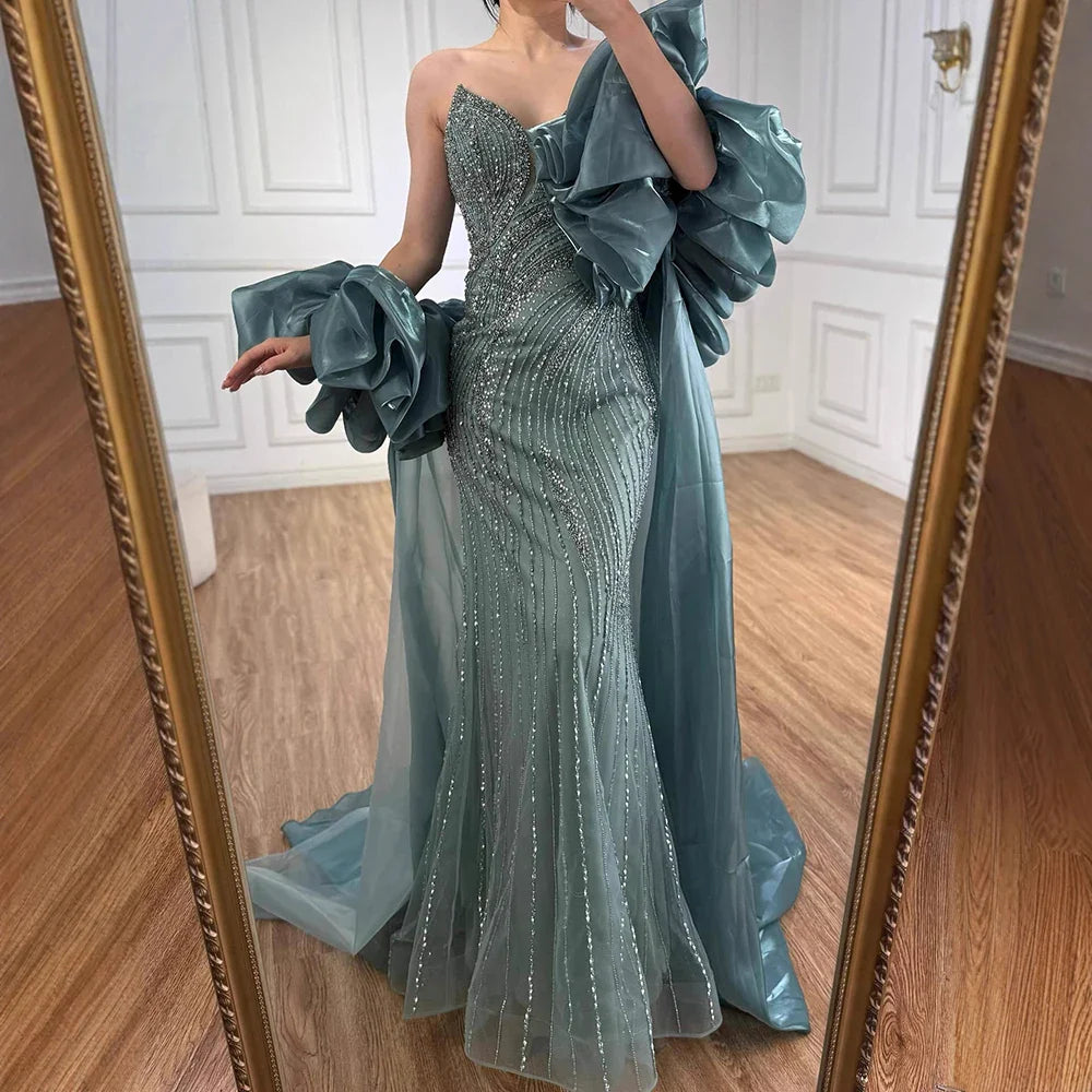 Red Trapless Mermaid Beaded Evening Dress with Cape LA72896