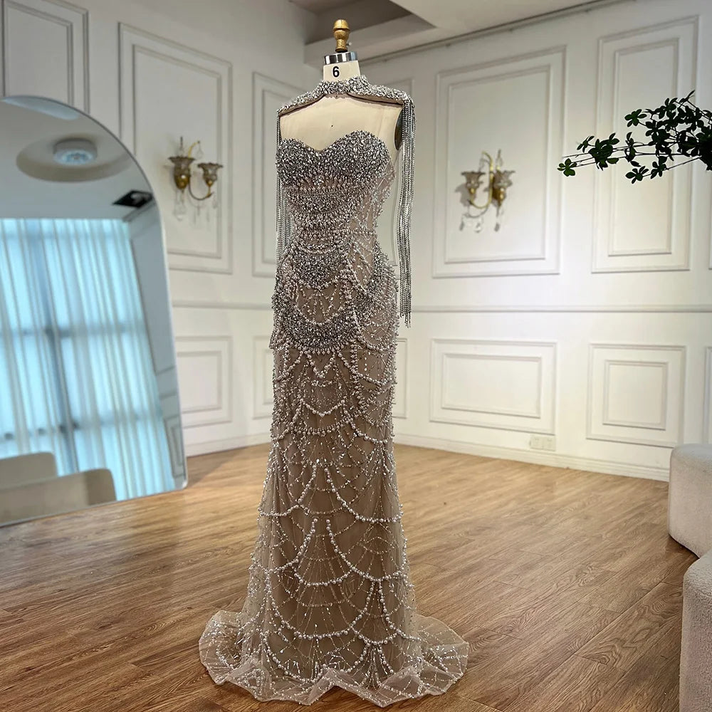 Nude Luxury Beaded Evening Dress with Tassel Short Cape LA72876