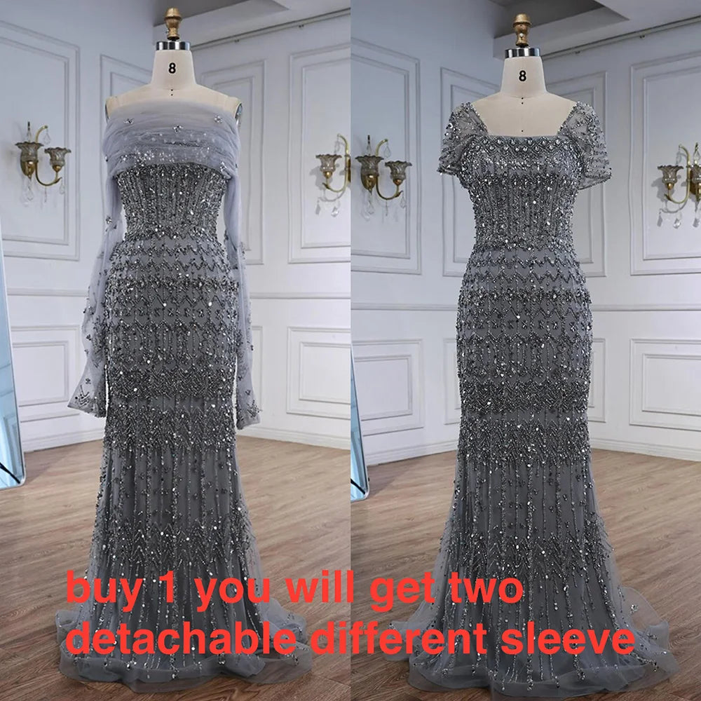 Luxury Dubai White Mermaid Beaded Evening Dress with  Cape Sleeves LA72714