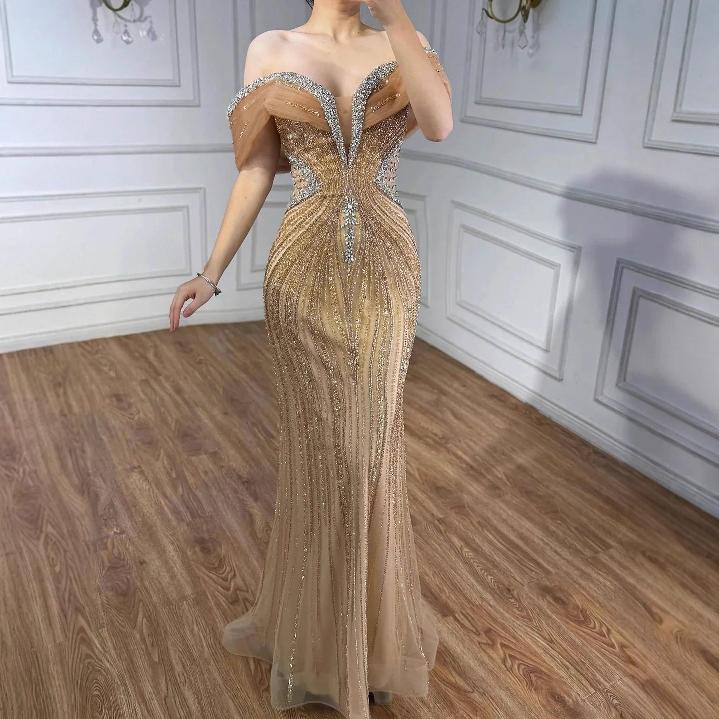Luxury Saudi Arabic Gold Luxury Crystal Beaded Mermaid Evening Dress LA73142A - SERENE HILL