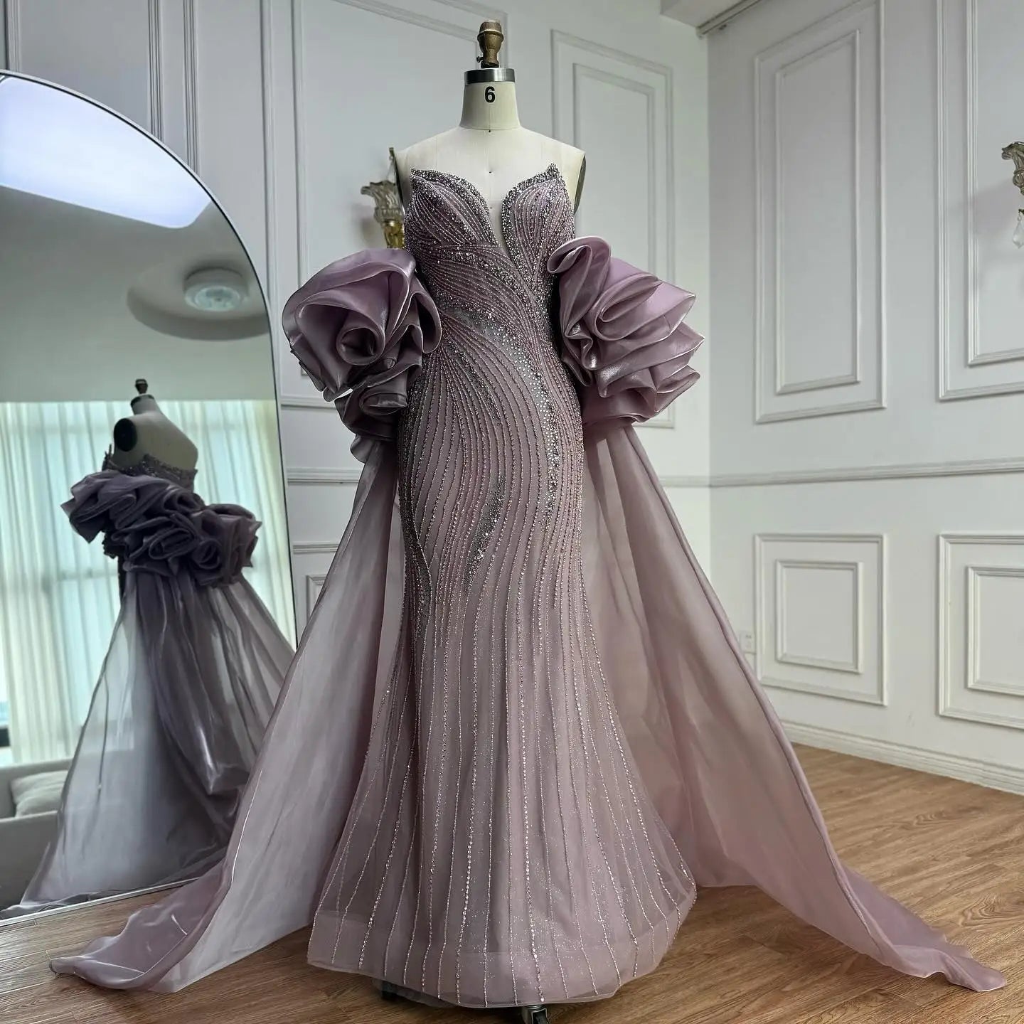 Red Trapless Mermaid Beaded Evening Dress with Cape LA72896