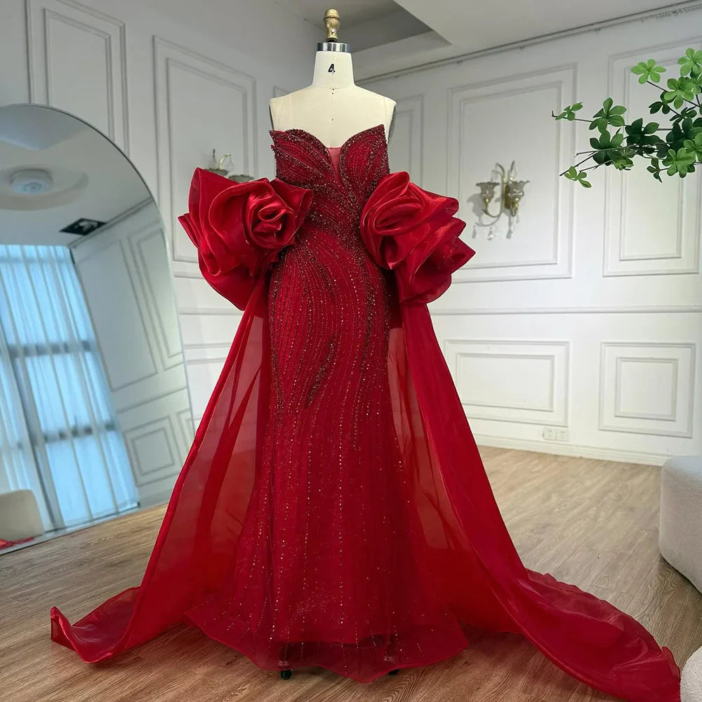 Red Trapless Mermaid Beaded Evening Dress with Cape LA72896