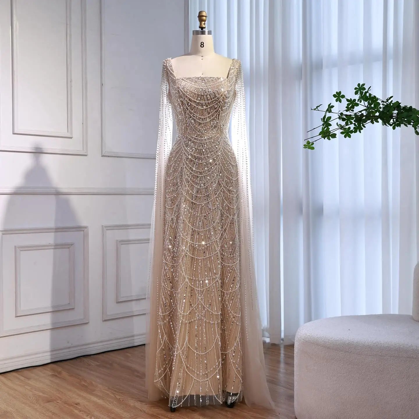 Luxury Dubai Nude Modest Muslin A-Line Evening Dress Plus Size LA72590B - SERENE HILL