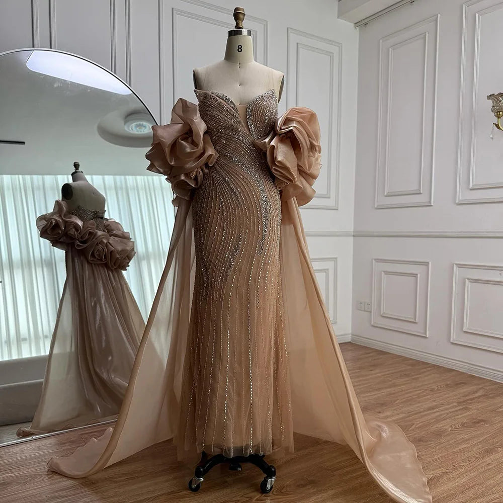 Red Trapless Mermaid Beaded Evening Dress with Cape LA72896