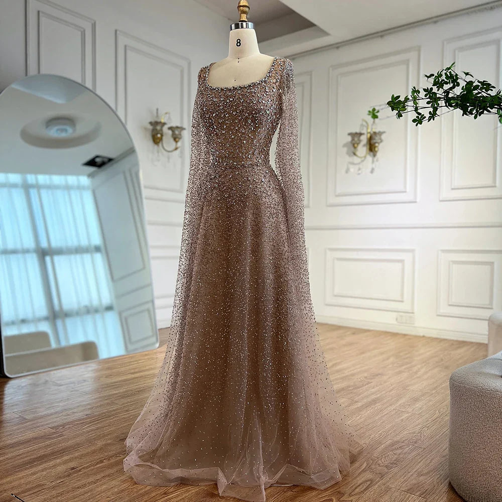 Luxury Rose Gold Beaded Evening Dress with Cape LA72147C Plus Size