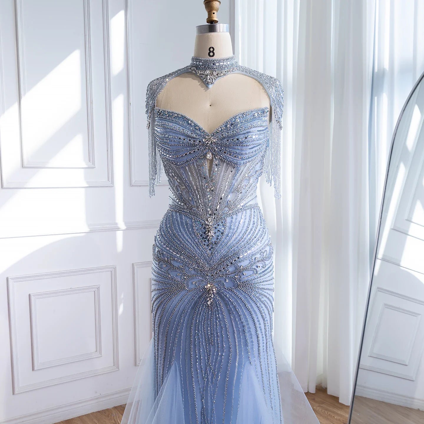 Luxury Dubai Beaded Blue Pink Evening Dress with Tassel Cape LA72897B - SERENE HILL