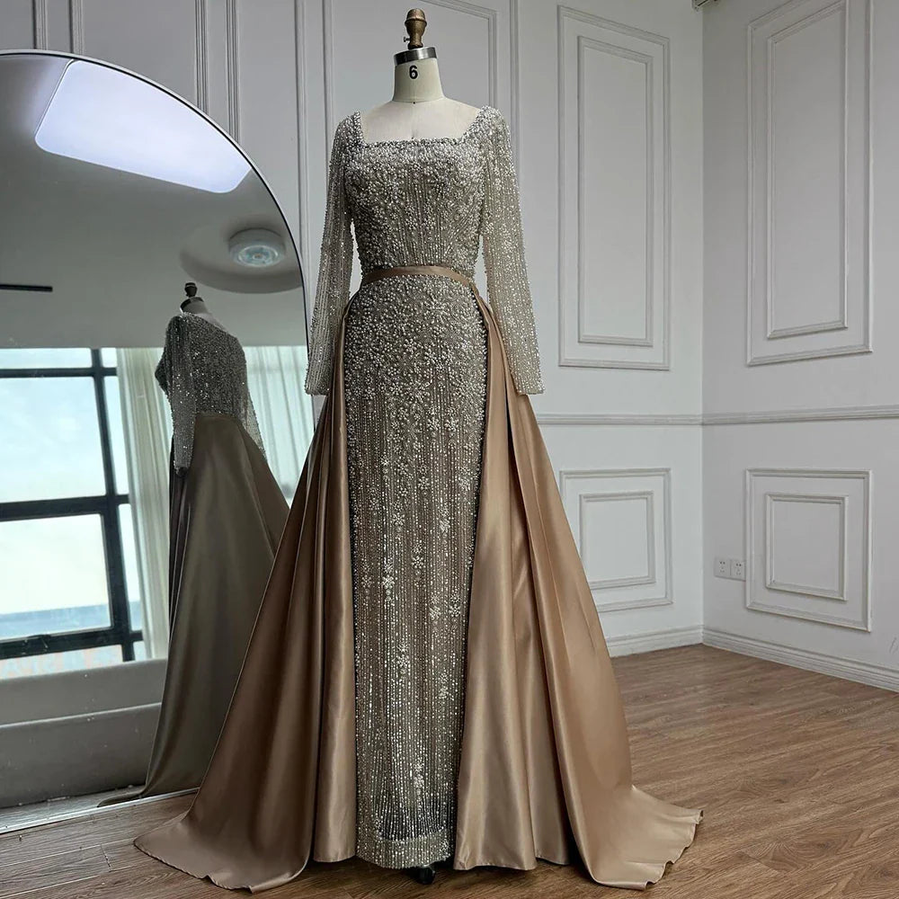 Luxury  Dubai Arabic Muslim Caramel Mermaid Beaded Evening Gown with Overskirt LA72533A