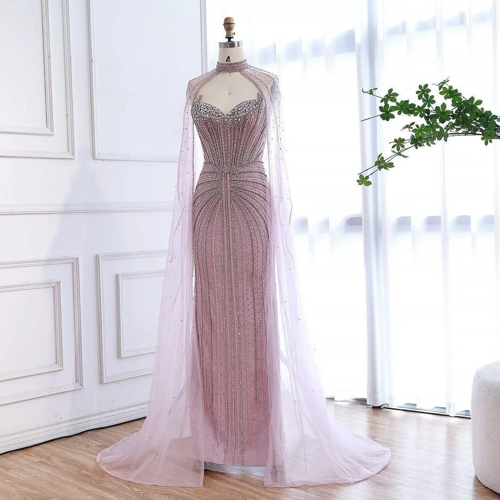 Luxury Dubai Caramel Beaded Evening Dress With Cape LA72811C - SERENE HILL