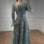 Luxury Turquoise Beaded A-Line Evening Dress with Puffy Sleeves LA73177