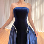 Burgundy Strapless Mermaid Velvet Evening Ball Gowns with Pearls LA73351