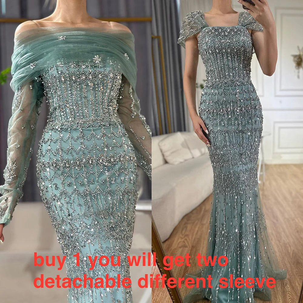 Luxury Dubai White Mermaid Beaded Evening Dress with  Cape Sleeves LA72714
