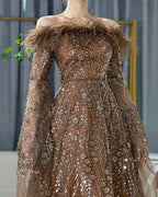 Off Shoulder Feathers Brown Evening Dress with Cape Sleeves LA72401