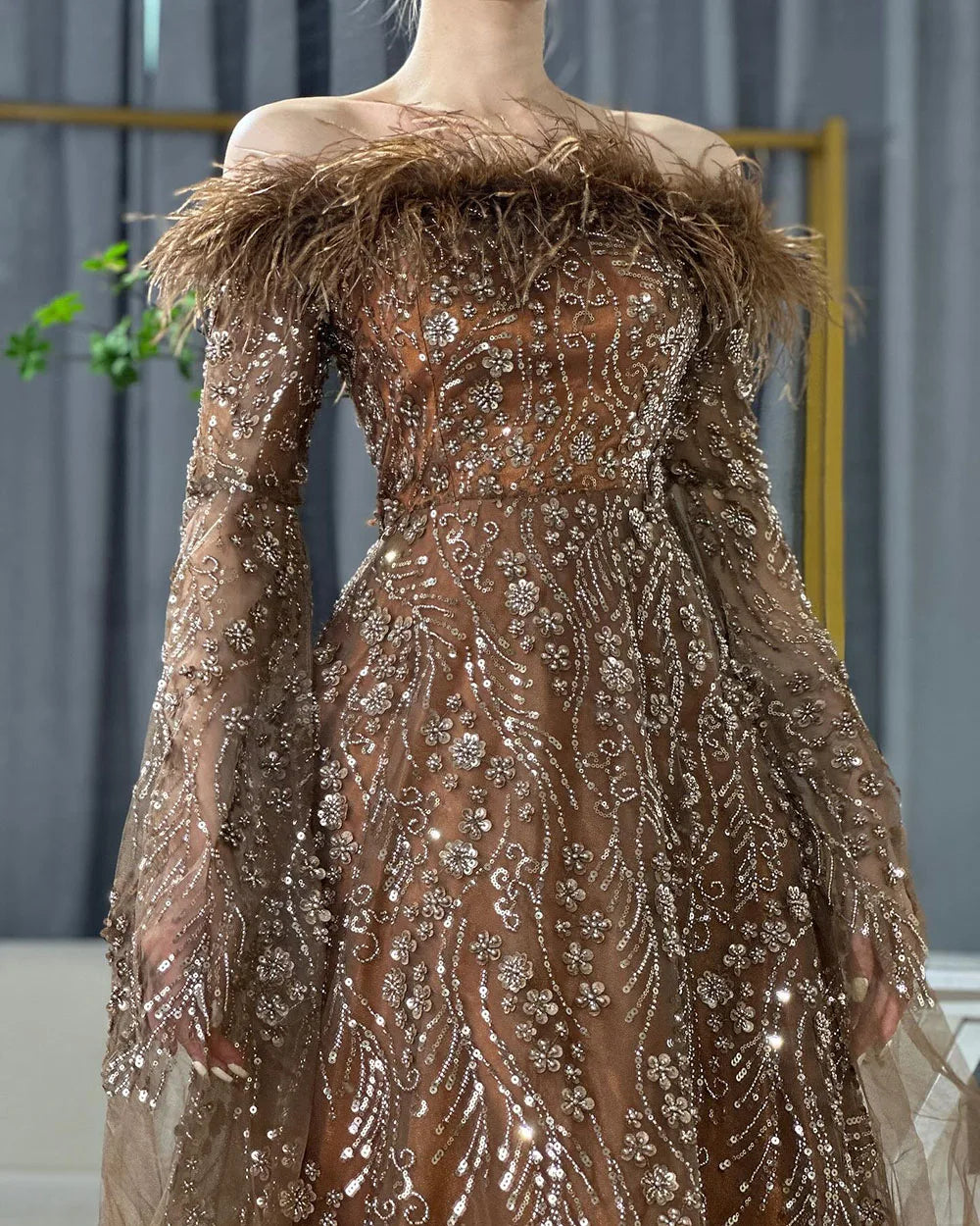 Off Shoulder Feathers Brown Evening Dress with Cape Sleeves LA72401