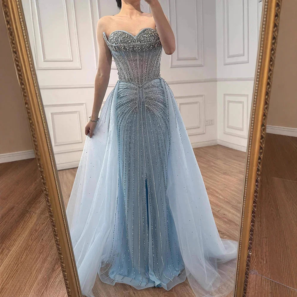 Luxury Dubai Nude Beaded Mermaid Evening Dress with Overskirt LA72811