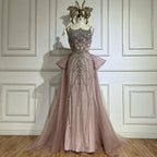 Luxury Dubai Nude Saudi Beaded Spaghetti Strap Evening Dress with Overskirt LA72810