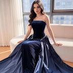Burgundy Strapless Mermaid Velvet Evening Ball Gowns with Pearls LA73351
