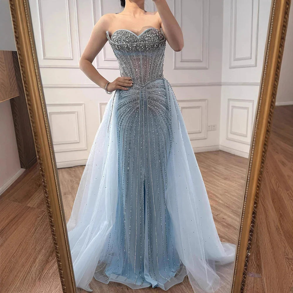 Luxury Dubai Nude Beaded Mermaid Evening Dress with Overskirt LA72811